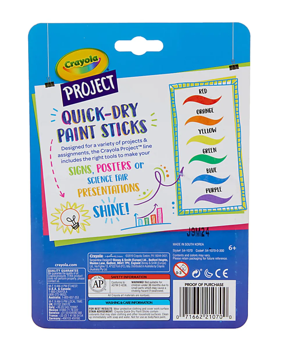 Crayola® Project Quick-Dry Paint Sticks, Assorted Colors, Pack Of 6 Sticks