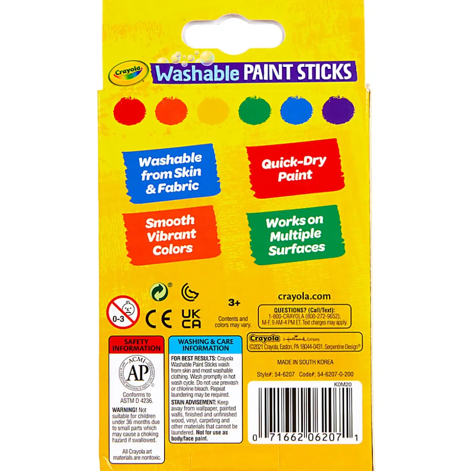 Crayola® Washable Paint Sticks, Assorted Colors, Pack Of 6 Sticks