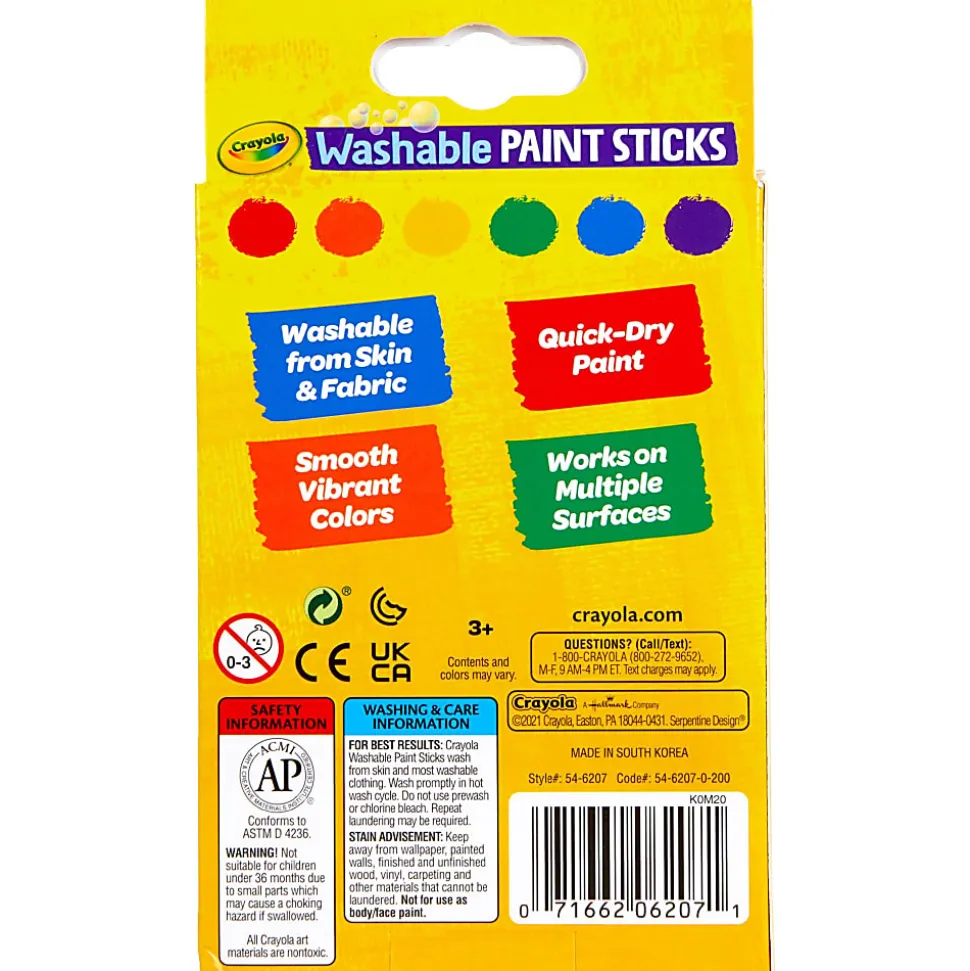 Crayola® Washable Paint Sticks, Assorted Colors, Pack Of 6 Sticks