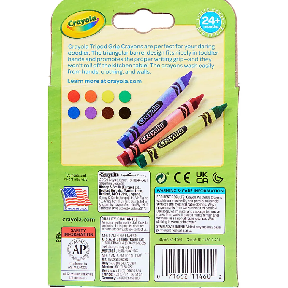 Crayola Washable Tripod Grip Crayons, 4", Assorted Colors, 8 Crayons Per Pack, Bundle Of 8 Packs
