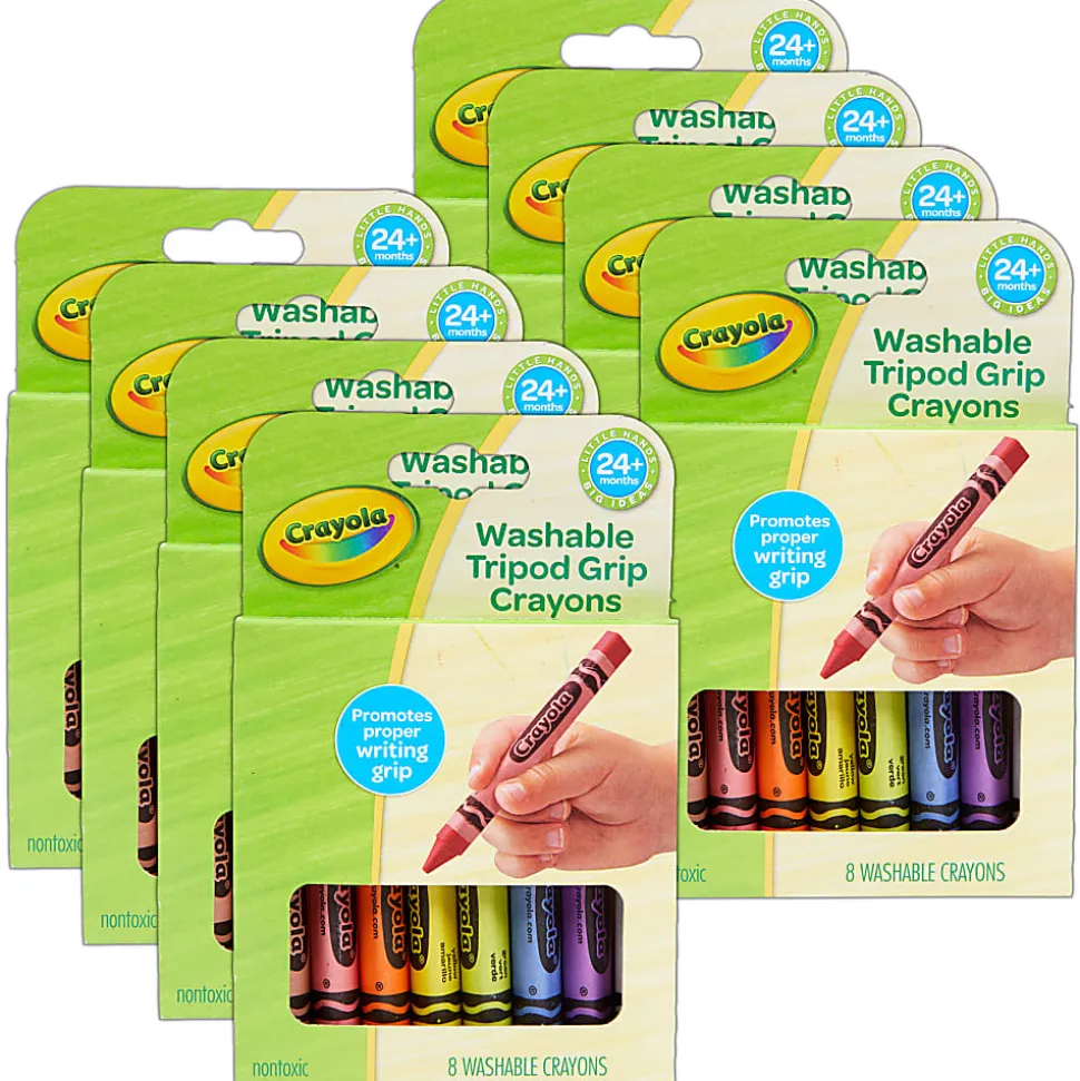 Crayola Washable Tripod Grip Crayons, 4", Assorted Colors, 8 Crayons Per Pack, Bundle Of 8 Packs