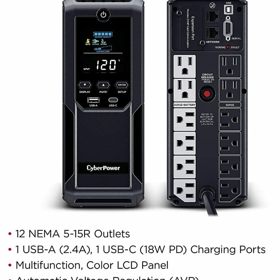 CyberPower BRG1500AVRLCD2 Intelligent LCD UPS Systems - 1500VA/900W, 57 - 120 VAC, NEMA 5-15P, Mini-Tower, 12 Outlets, LCD, $500000 CEG, 5YR Warranty