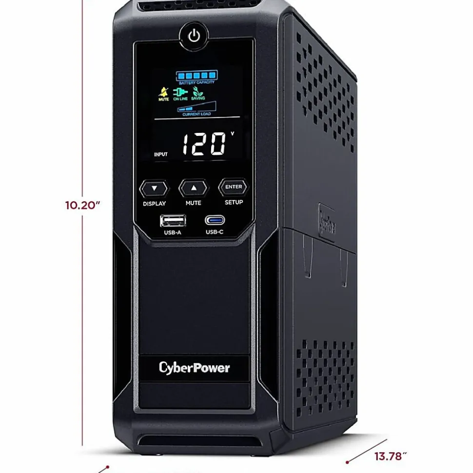 CyberPower BRG1500AVRLCD2 Intelligent LCD UPS Systems - 1500VA/900W, 57 - 120 VAC, NEMA 5-15P, Mini-Tower, 12 Outlets, LCD, $500000 CEG, 5YR Warranty