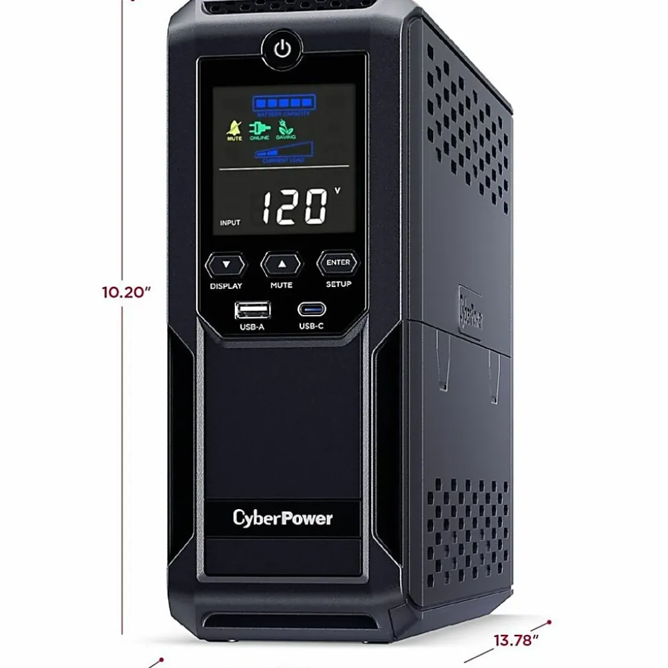 CyberPower CP1350AVRLCD3 Intelligent LCD UPS Systems - 1350VA/815W, 120 VAC, NEMA 5-15P, Mini-Tower, 12 Outlets, LCD, $500000 CEG, 3YR Warranty