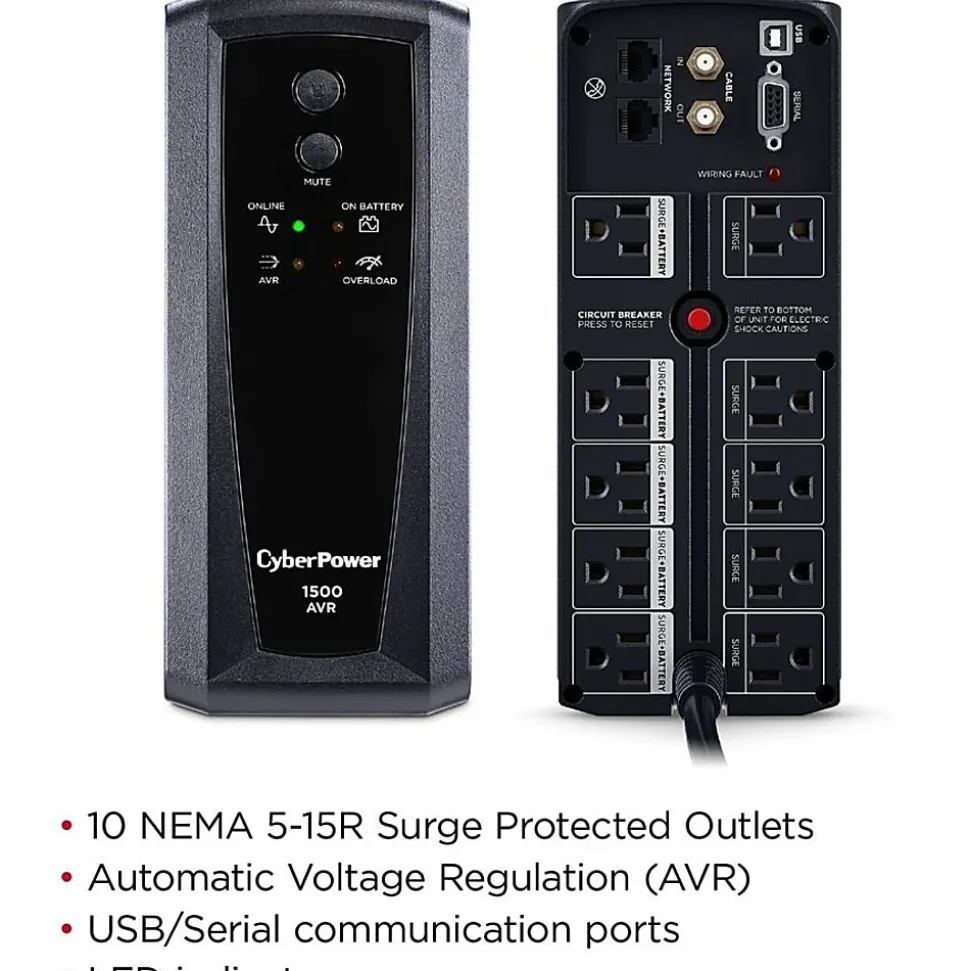 CyberPower CP1500AVRT AVR UPS Systems - 1500VA/900W, 120 VAC, NEMA 5-15P, Mini-Tower, 10 Outlets, PowerPanel® Personal, $500000 CEG, 3YR Warranty