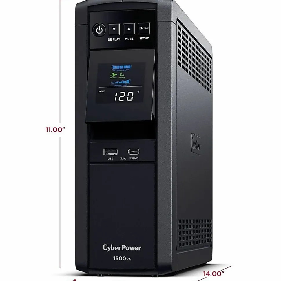 CyberPower CP1500PFCLCD UPS 1500VA 1000W PFC compatible Pure sine wave - 1500VA/900W - Tower - 2 Minute Full Load - 10 x NEMA 5-15R