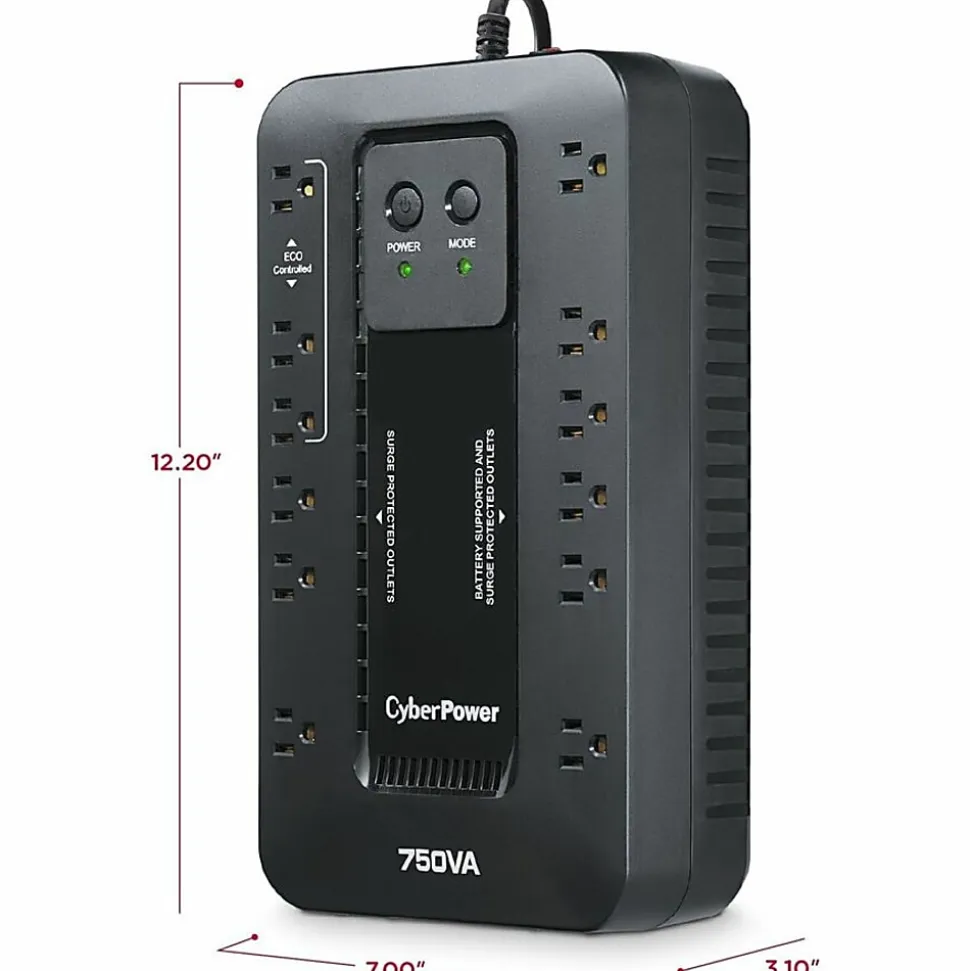 CyberPower EC750G Ecologic UPS Systems - 750VA/450W, 120 VAC, NEMA 5-15P, Compact, 12 Outlets, PowerPanel® Personal, $100000 CEG, 3YR Warranty