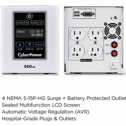 CyberPower M550L Hospital/Medical UPS Systems - 550VA/440W, 120 VAC, NEMA 5-15P-HG, Mini-Tower, 4 Hospital-Grade Outlets, LCD- M550L