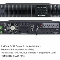 CyberPower OL1000RTXL2UN Smart App Online UPS Systems - 1000VA/900W, 100 - 125 VAC, NEMA 5-15P, 2U, Rack/Tower, 8 Outlets, LCD- OL1000RTXL2UN