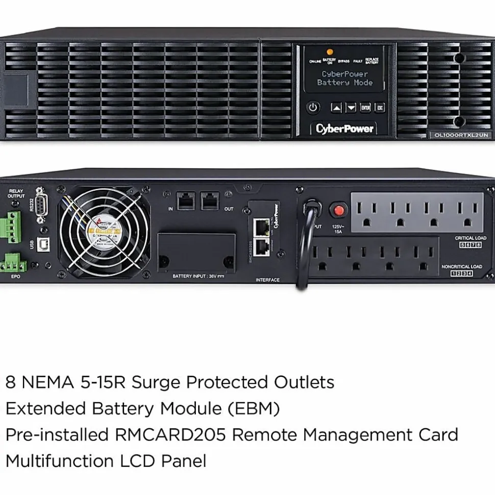 CyberPower OL1000RTXL2UN Smart App Online UPS Systems - 1000VA/900W, 100 - 125 VAC, NEMA 5-15P, 2U, Rack/Tower, 8 Outlets, LCD- OL1000RTXL2UN