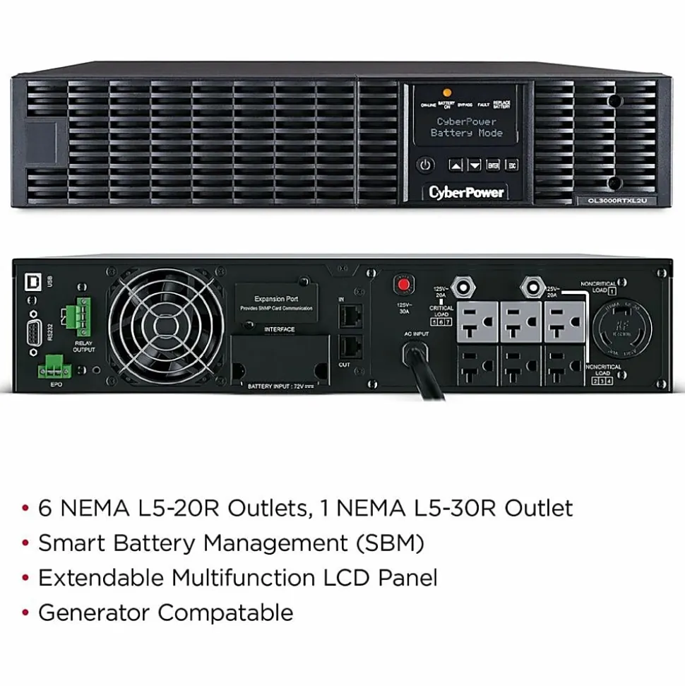 CyberPower OL3000RTXL2U Smart App Online UPS Systems - 3000VA/2700W, 100 - 125 VAC, NEMA L5-30P, 2U, Rack/Tower, 7 Outlets, LCD- OL3000RTXL2U