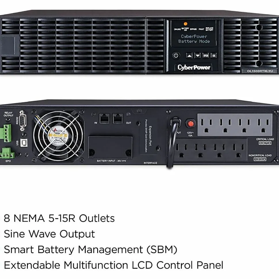 CyberPower OL1500RTXL2U Smart App Online UPS Systems - 1500VA/1350W, 100 - 125 VAC, NEMA 5-15P, 2U, Rack/Tower, 8 Outlets, LCD- OL1500RTXL2U