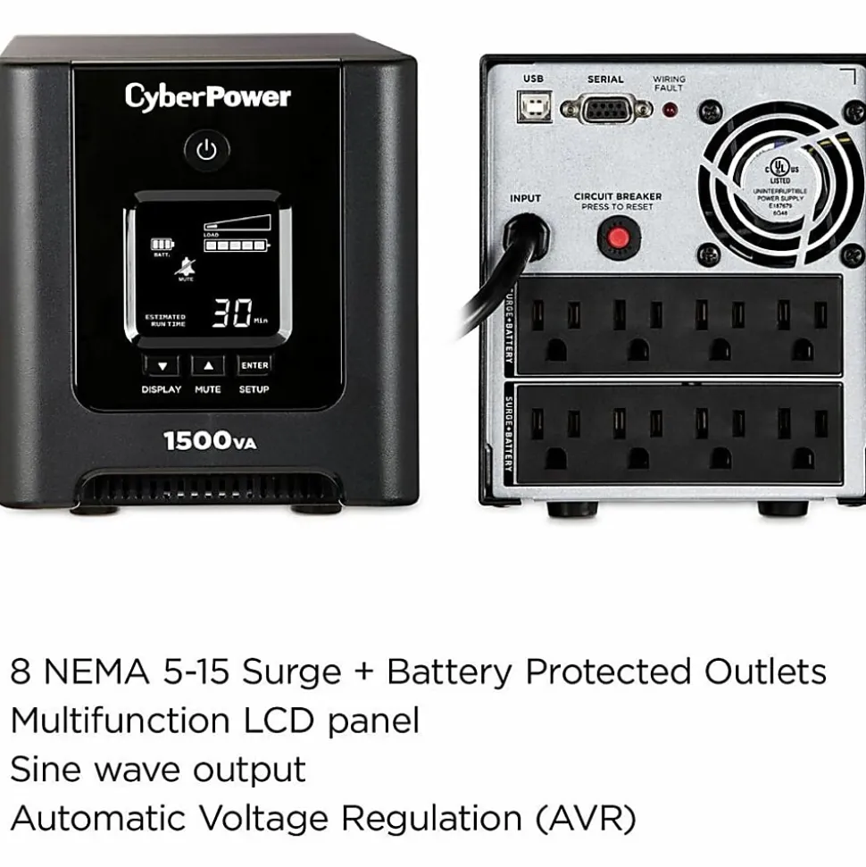 CyberPower OR1500PFCLCD PFC Sinewave UPS Systems - 1500VA/1050W, 120 VAC, NEMA 5-15P, Mini-Tower, Sine Wave, 8 Outlets, LCD, $200000 CEG- OR1500PFCLCD