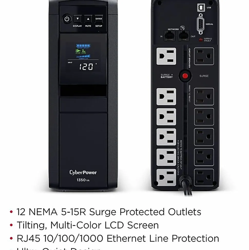 CyberPower PFC SineWave Series CP1350PFCLCD 10-Outlet Uninterruptible Power Supply, 1,350VA/810 Watts