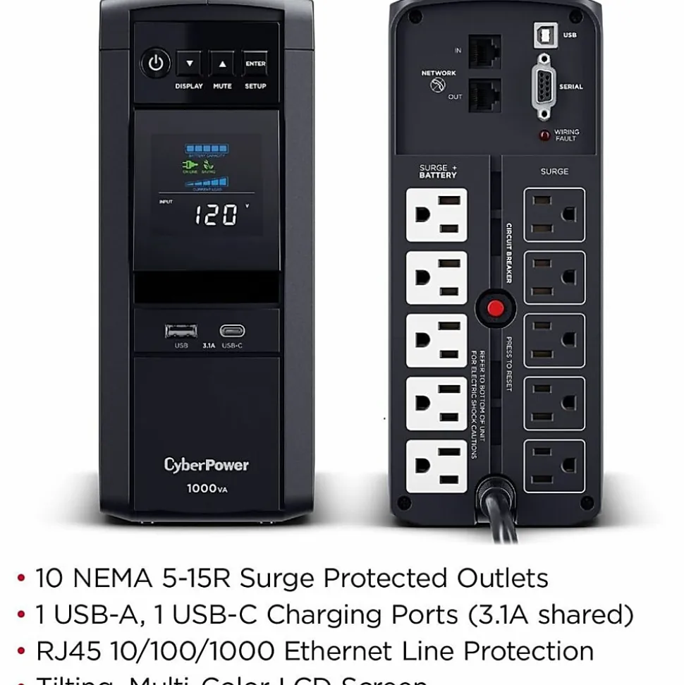 CyberPower PFC SineWave Series CP1000PFCLCD 10-Outlet Uninterruptible Power Supply, 1,000VA/600 Watts