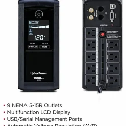 CyberPower® Uninterruptible 600-Watt 9-Outlet Power Supply, CP1000AVRLCD