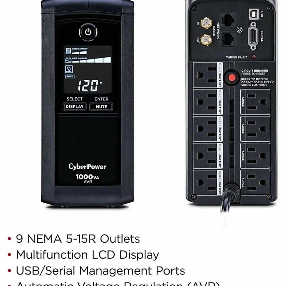 CyberPower® Uninterruptible 600-Watt 9-Outlet Power Supply, CP1000AVRLCD