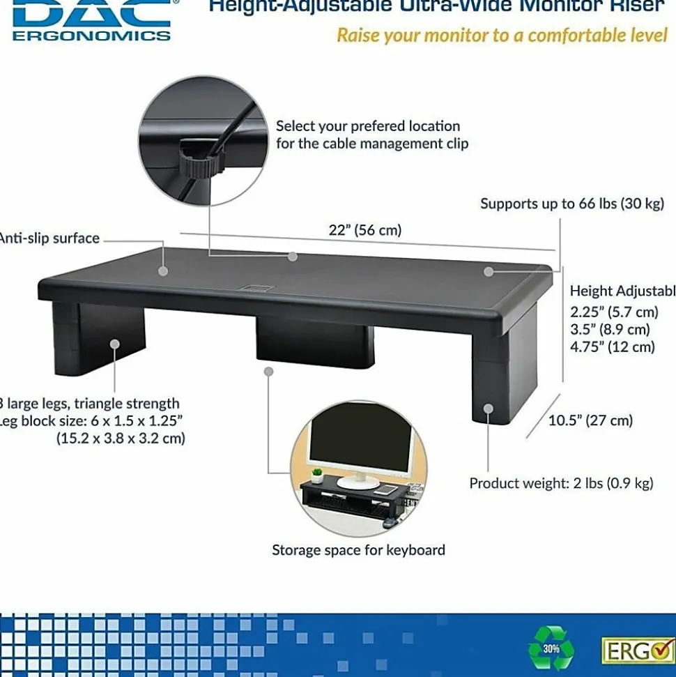 DAC Stax MP-211-Adjustable Ultra-Wide Monitor/Laptop Stand, Black - 66 lb Load Capacity - 4.8"x22"x 10.5" Depth - Plastic - Black - - 02238