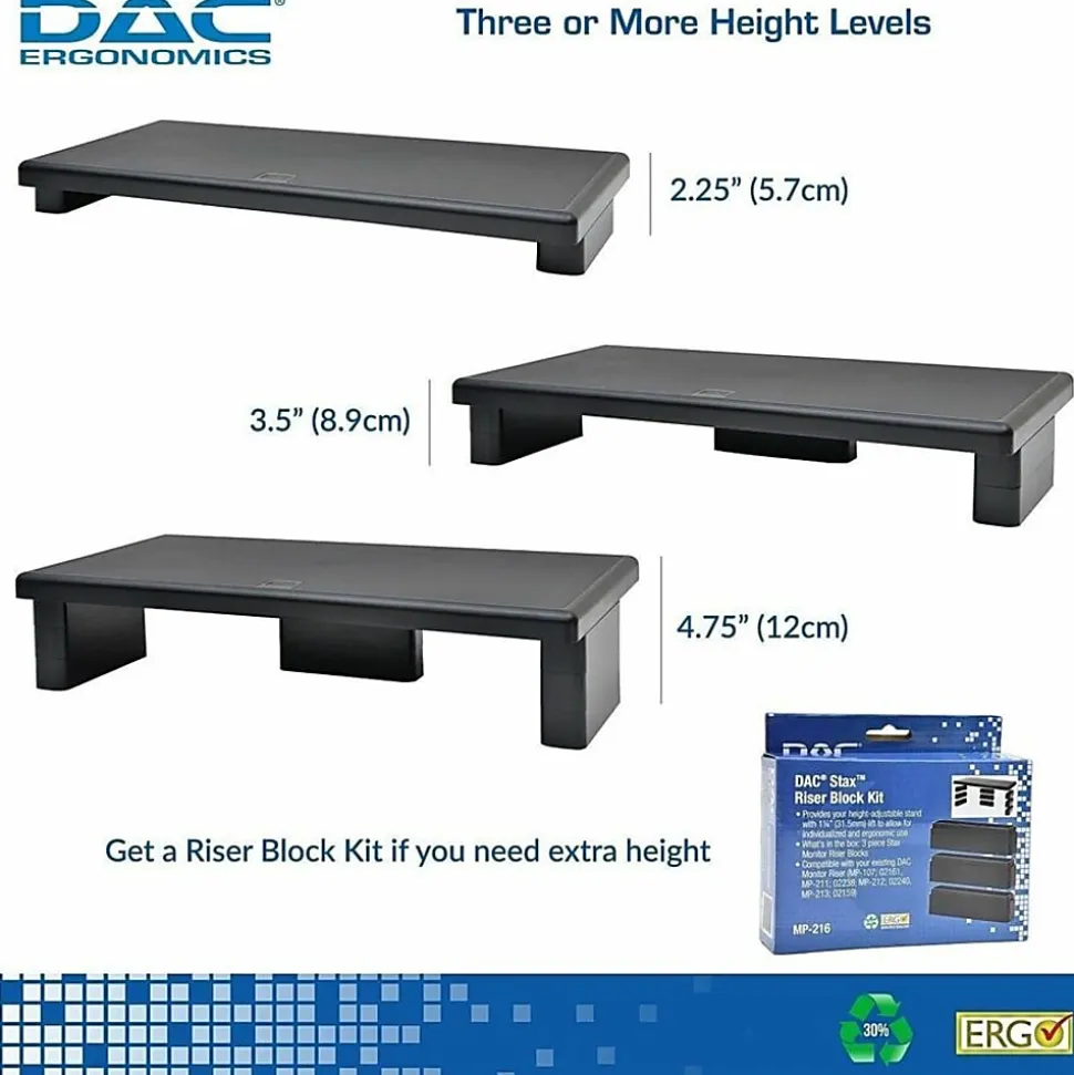 DAC Stax MP-211-Adjustable Ultra-Wide Monitor/Laptop Stand, Black - 66 lb Load Capacity - 4.8"x22"x 10.5" Depth - Plastic - Black - - 02238