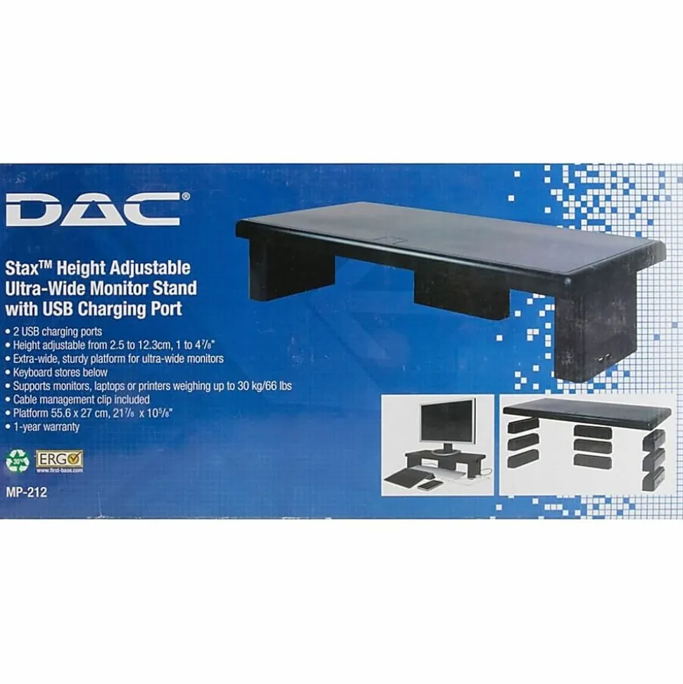DAC Stax MP-211-Adjustable Ultra-Wide Monitor/Laptop Stand, Black - 66 lb Load Capacity - 4.8"x22"x 10.5" Depth - Plastic - Black - - 02238