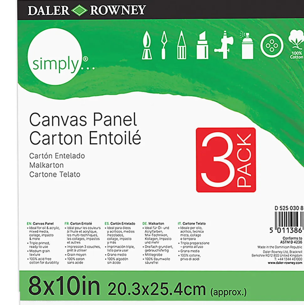 Daler-Rowney Simply White Cotton Canvas Panels, 10”H x 8”W x 3/8”D, White, 3 Panels Per Pack, Bundle Of 6 Packs