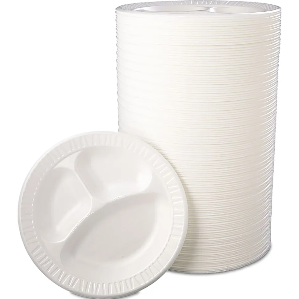 Dart® Quiet Class Laminated Foam Dinnerware, 3-Compartment Plate, 10.25" dia, White, 125/Pack, 4 Packs/CT