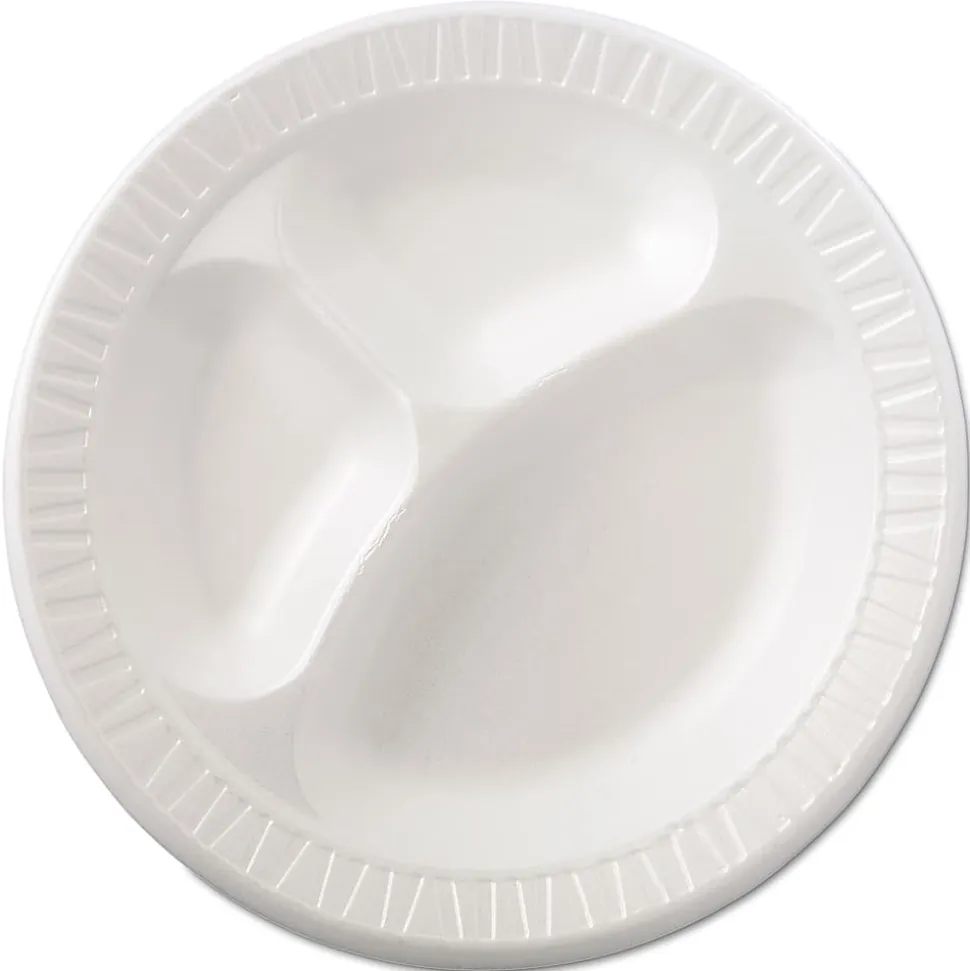 Dart® Quiet Class Laminated Foam Dinnerware, 3-Compartment Plate, 10.25" dia, White, 125/Pack, 4 Packs/CT