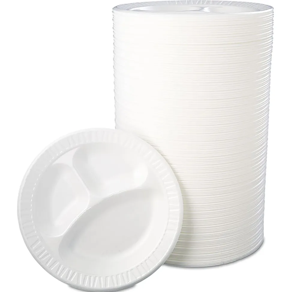 Dart® Quiet Class Laminated Foam Dinnerware, 3-Compartment Plate, 10.25" dia, White, 125/Pack, 4 Packs/CT