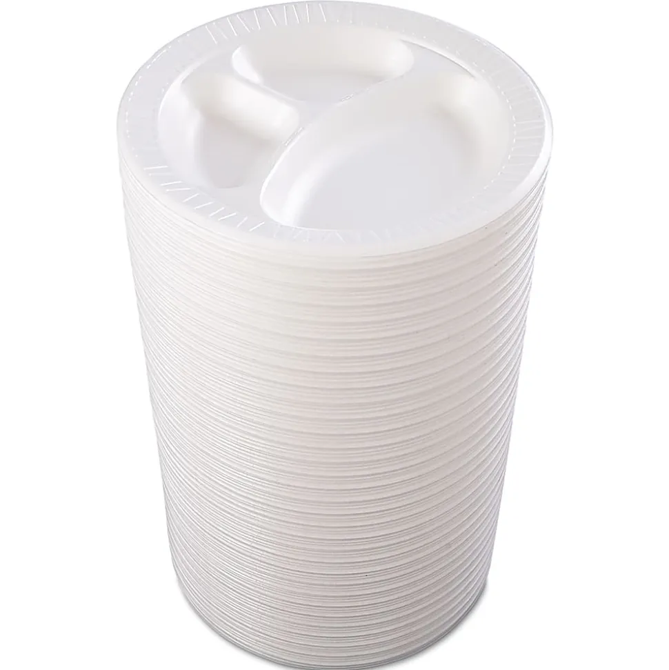 Dart® Quiet Class Laminated Foam Dinnerware, 3-Compartment Plate, 10.25" dia, White, 125/Pack, 4 Packs/CT