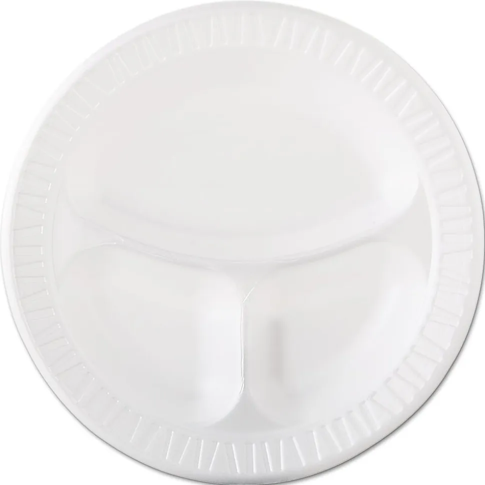 Dart® Quiet Class Laminated Foam Dinnerware, 3-Compartment Plate, 10.25" dia, White, 125/Pack, 4 Packs/CT