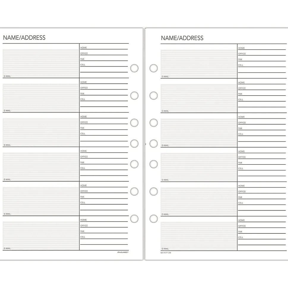 Day Runner® Organizer Accessory, Telephone/Address Refill Pages, 5 1/2" x 8 1/2", Pack Of 30 Sheets