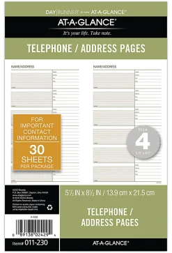 Day Runner® Organizer Accessory, Telephone/Address Refill Pages, 5 1/2" x 8 1/2", Pack Of 30 Sheets