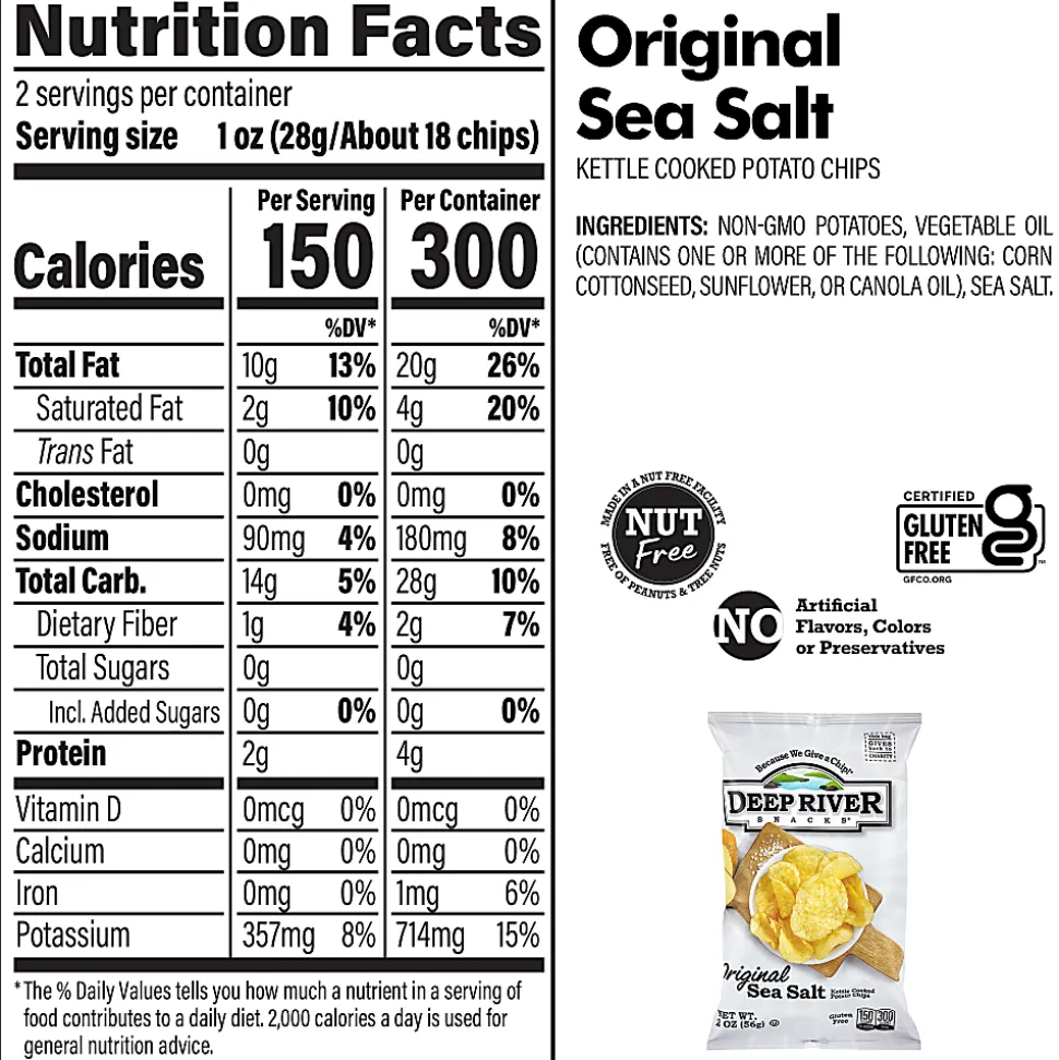 Deep River Snacks Potato Chips, Original Sea Salt Kettle, 2.0 Oz, Case Of 24 Bags