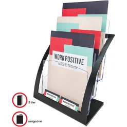 DeflectoĀ® Contemporary Literature Holder, 3 Magazine Size Compartments 13 5/16"H x 11 1/4"W x 6 15/16"D, Black/Clear