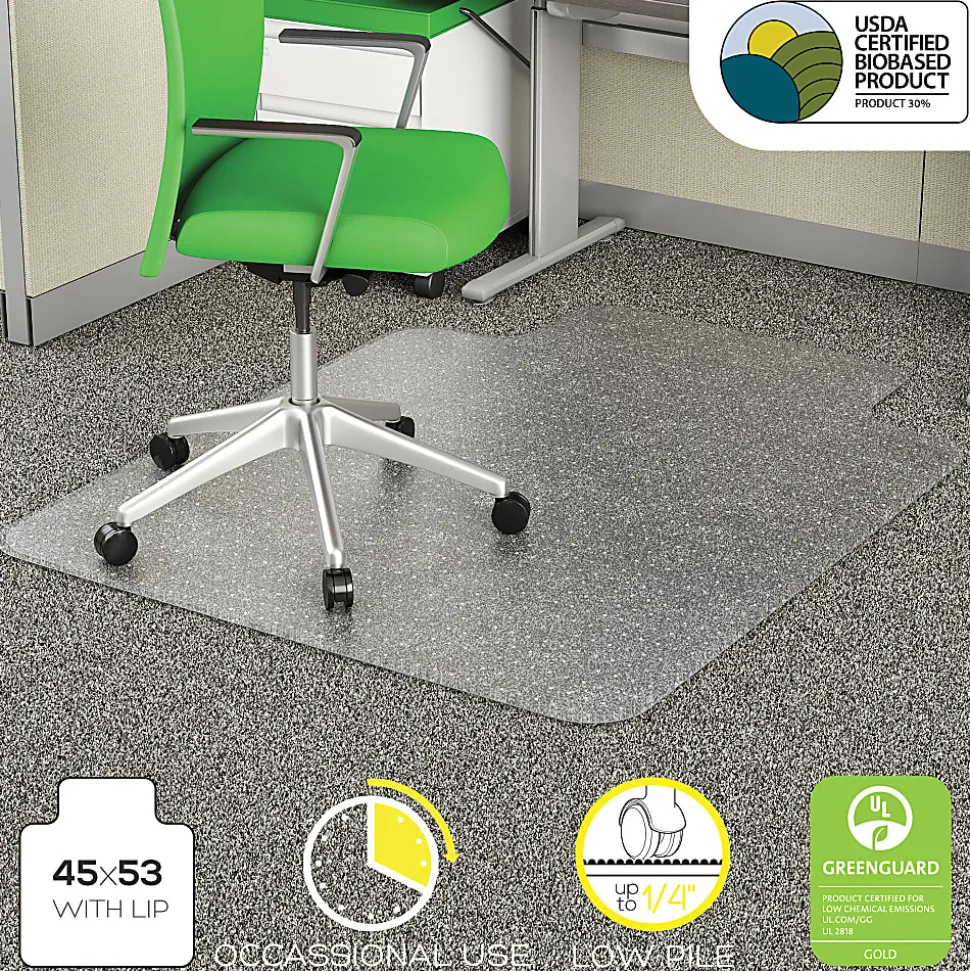 Deflecto Earth Source® Chair Mat For Commercial Pile Carpets, Beveled Edge, Wide Lip, 45" x 53", Clear