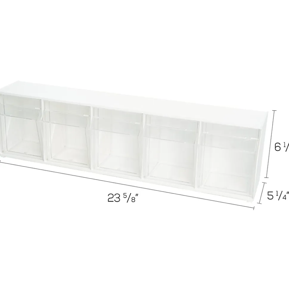 Deflecto Interlocking Horizontal Tilt Bin, 5 Bins, Small Size, 3 3/10" x 23 5/8" x 3 5/8", White/Clear