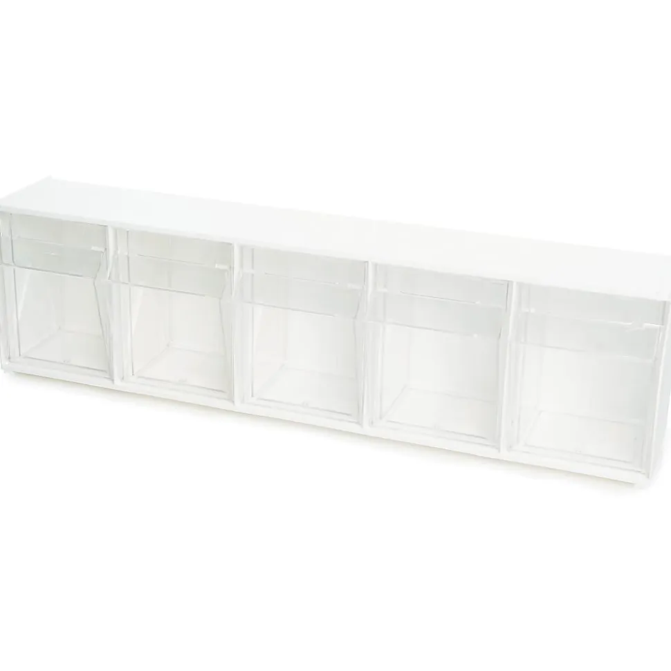 Deflecto Interlocking Horizontal Tilt Bin, 5 Bins, Small Size, 3 3/10" x 23 5/8" x 3 5/8", White/Clear