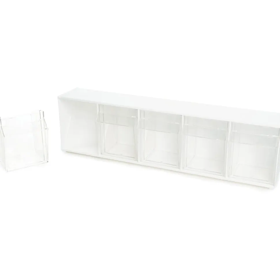Deflecto Interlocking Horizontal Tilt Bin, 5 Bins, Small Size, 3 3/10" x 23 5/8" x 3 5/8", White/Clear