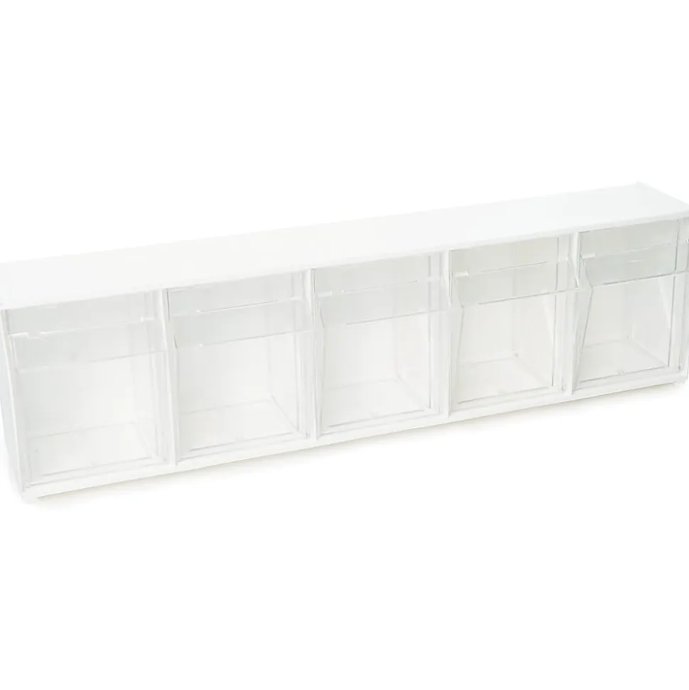 Deflecto Interlocking Horizontal Tilt Bin, 5 Bins, Small Size, 3 3/10" x 23 5/8" x 3 5/8", White/Clear