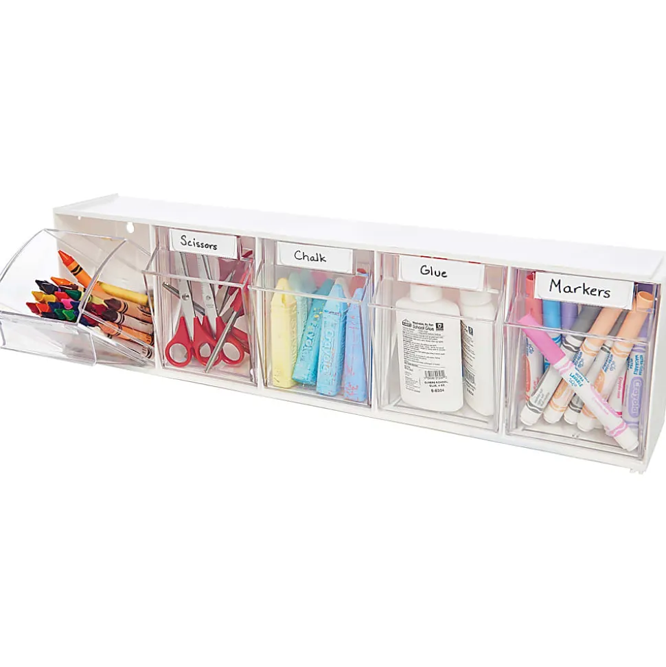 Deflecto Interlocking Horizontal Tilt Bin, 5 Bins, Small Size, 3 3/10" x 23 5/8" x 3 5/8", White/Clear