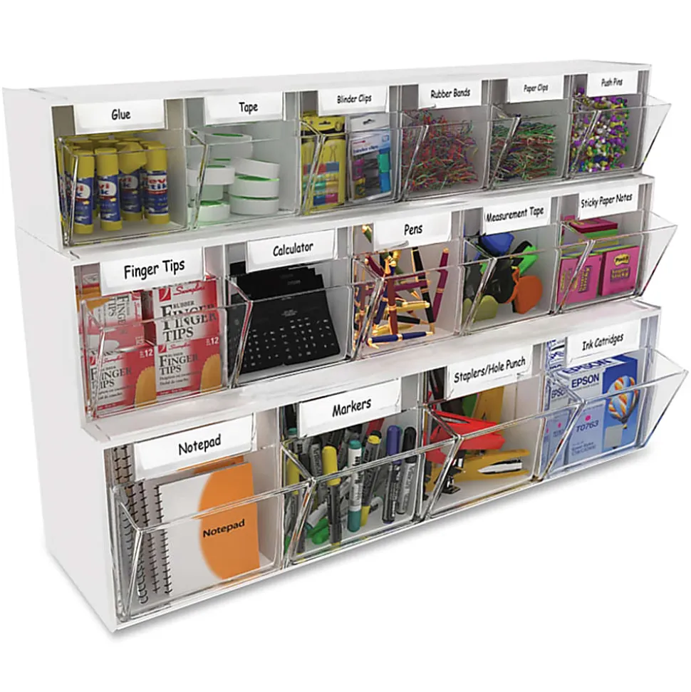 Deflecto Interlocking Horizontal Tilt Bin, 5 Bins, Small Size, 3 3/10" x 23 5/8" x 3 5/8", White/Clear