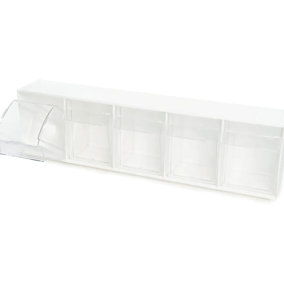 Deflecto Interlocking Horizontal Tilt Bin, 5 Bins, Small Size, 3 3/10" x 23 5/8" x 3 5/8", White/Clear