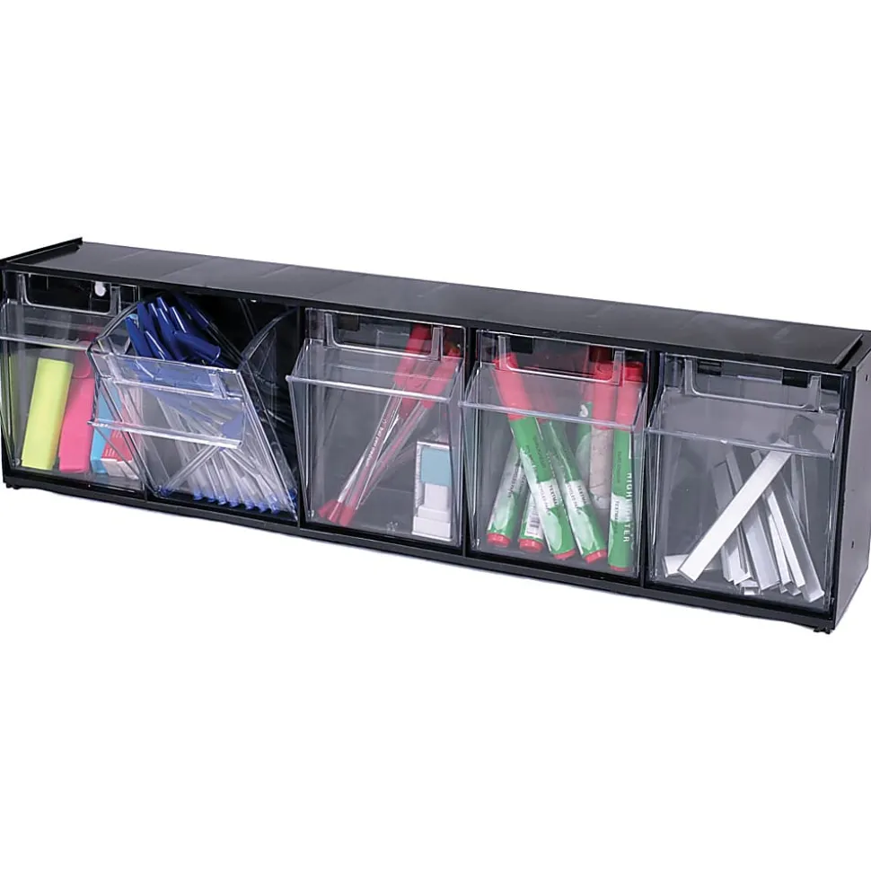 Deflecto Interlocking Horizontal Tilt Bin, 5 Bins, Small Size, 5 1/4" x 23 5/8" x 6 1/2", Black/Clear