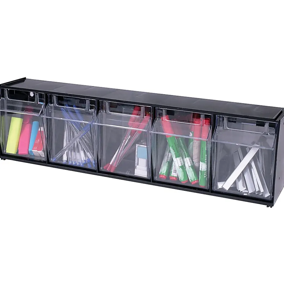 Deflecto Interlocking Horizontal Tilt Bin, 5 Bins, Small Size, 5 1/4" x 23 5/8" x 6 1/2", Black/Clear