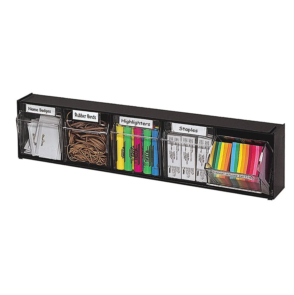 Deflecto Interlocking Horizontal Tilt Bin, 5 Bins, Small Size, 5 1/4" x 23 5/8" x 6 1/2", Black/Clear