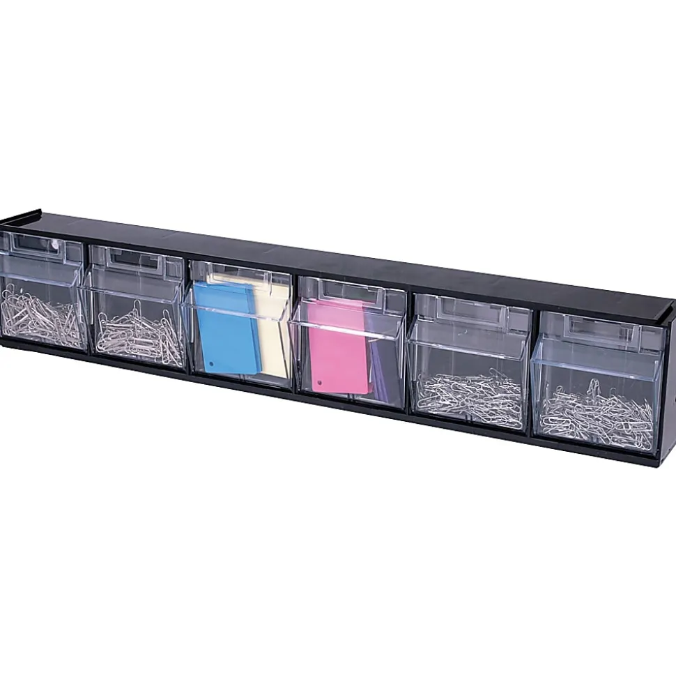 Deflecto Interlocking Horizontal Tilt Bin, 6 Bins, Small Size, 4 1/2" x 23 5/8" x 3 5/8", Black/Clear
