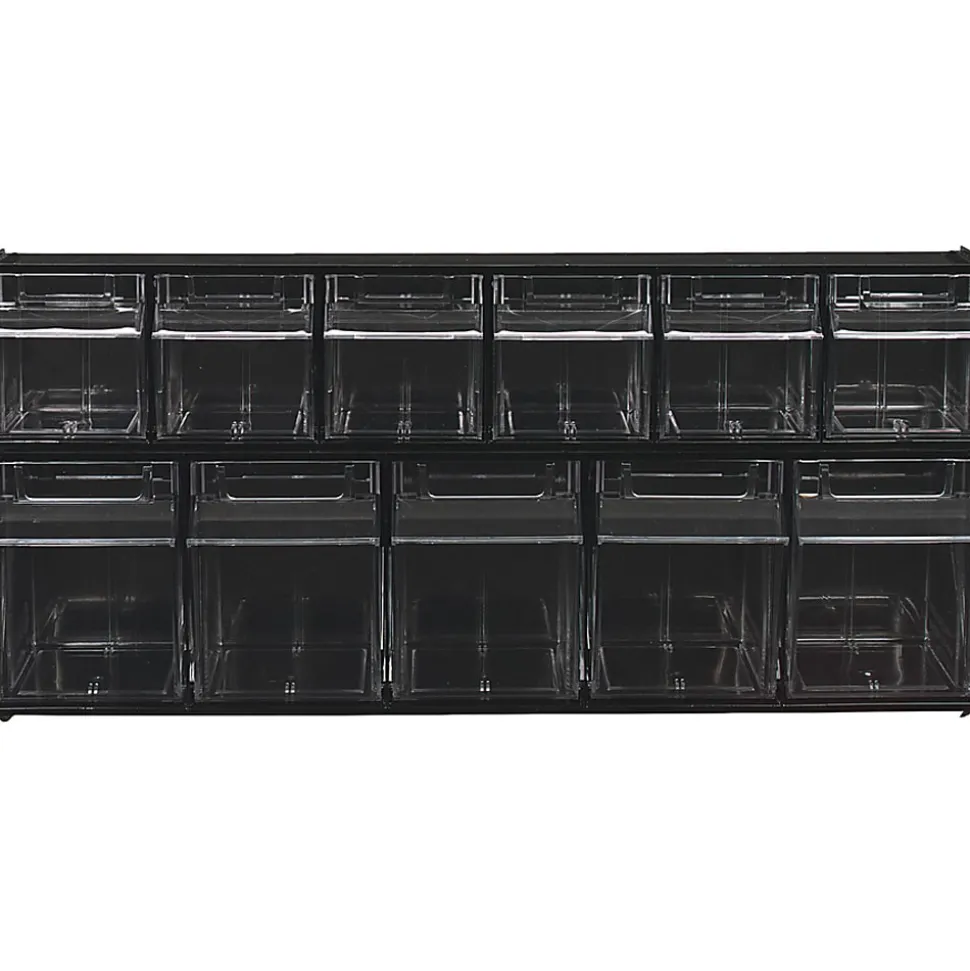 Deflecto Interlocking Horizontal Tilt Bin, 6 Bins, Small Size, 4 1/2" x 23 5/8" x 3 5/8", Black/Clear