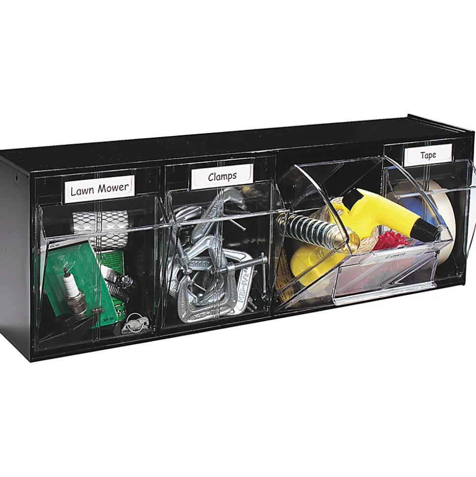 Deflecto Interlocking Horizontal Tilt Bin, 4 Bins, Medium Size, 8 1/8" x 23 5/8" x 6 5/8", Black/Clear