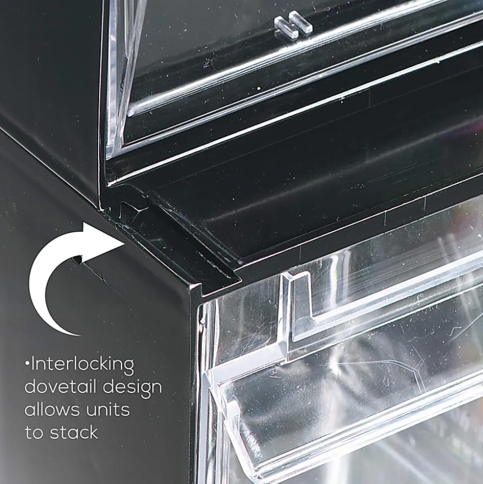 Deflecto Interlocking Horizontal Tilt Bin, 4 Bins, Medium Size, 8 1/8" x 23 5/8" x 6 5/8", Black/Clear