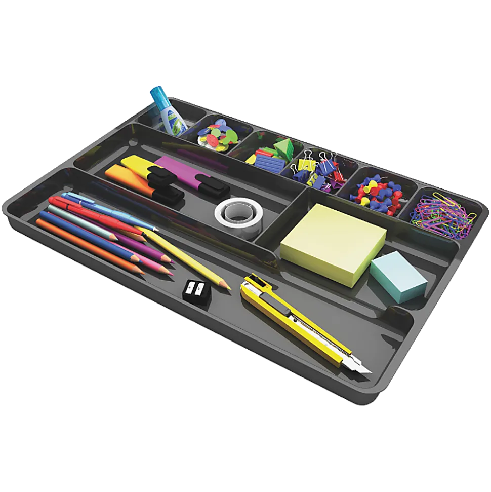 Deflecto Plastic Desk Drawer Organizer, 1"H x 14"W x 9"D, Black
